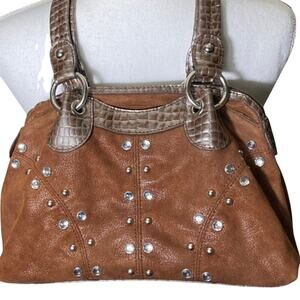 Kathy Van Zeeland Handbag Brown Faux Leather Suede Rhinestone Retro y2k Hobo